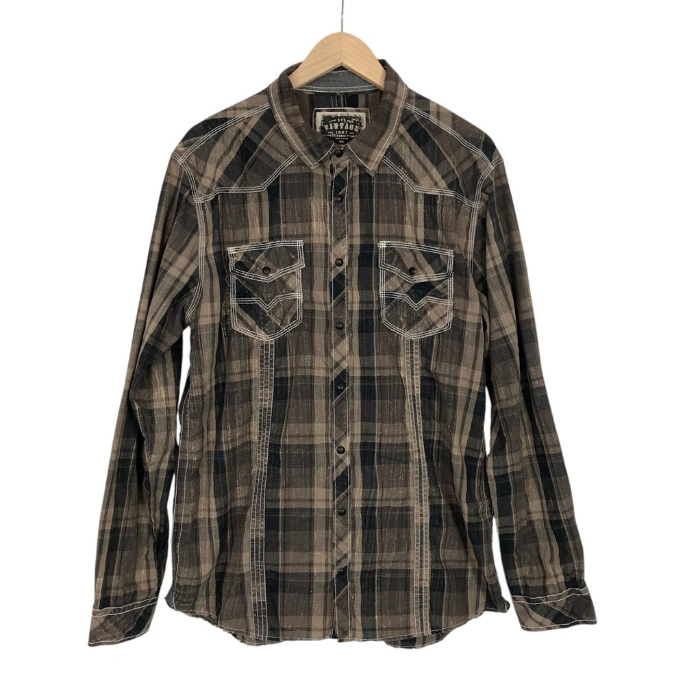 BKE Mens XL Brown Plaid Western Pearl Snap Button Down Shirt Cowboy Rodeo Biker - Picture 2 of 13